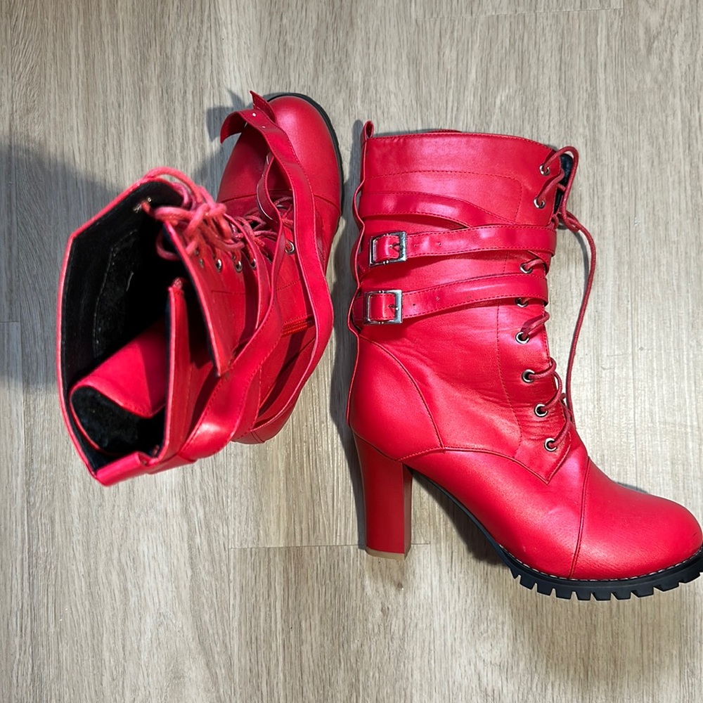 Red Mid Calf Boots Thick High Heels Round Platform Buckle Zipper Rivets Lace Up